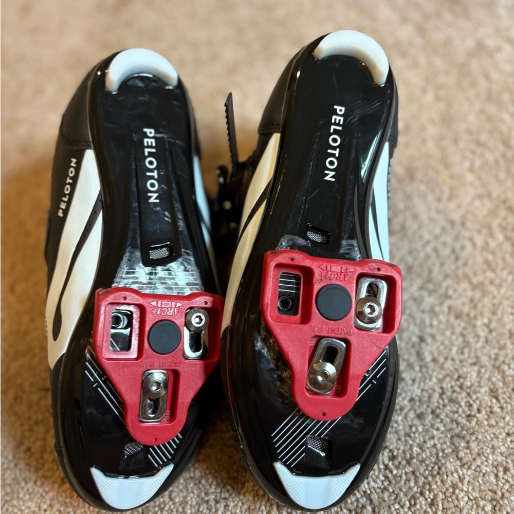 Peloton Black and White Cycling Shoes with Red Cleats